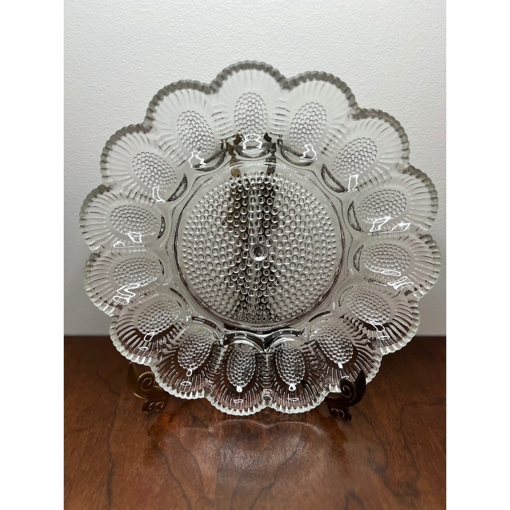 Indiana Glass Egg Plate Hobnail Scalloped Clear Vintage Deviled Egg Tray 11.5"n